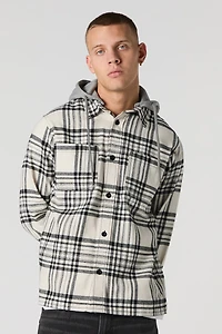 Plaid Flannel Button-Up Top with Hood