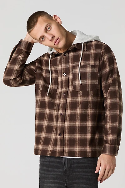 Plaid Flannel Button-Up Top with Hood