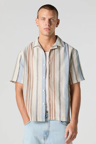 Textured Striped Short Sleeve Button-Up Top