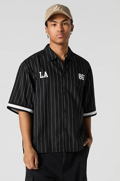 City Graphic Pinstriped Button-Up Top