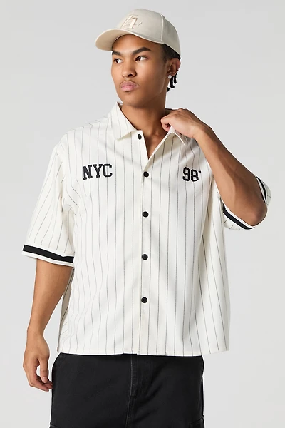 City Graphic Pinstriped Button-Up Top