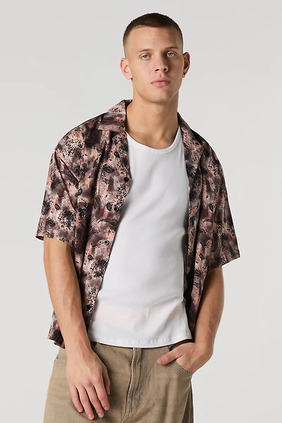 Printed Short Sleeve Button-Up Top