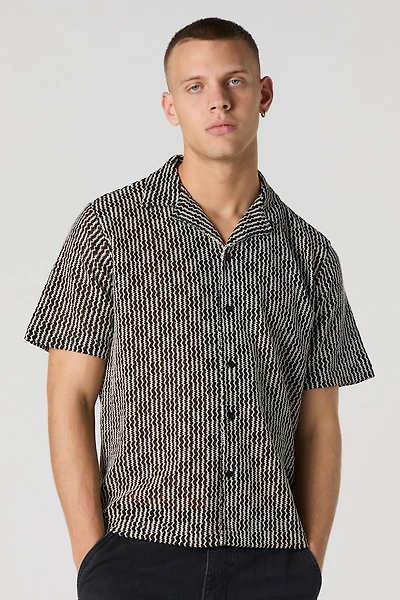 Black & White Textured Short Sleeve Button-Up Top