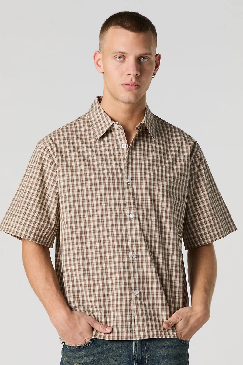 Plaid Boxy Short Sleeve Button-Up Top