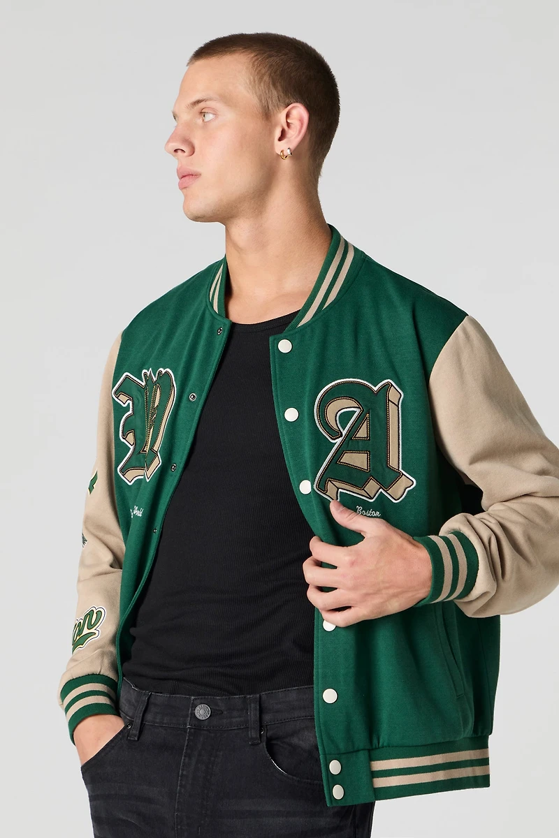 Embroidered Graphic Fleece Varsity Jacket