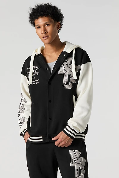 City Twill Embroidered Graphic Fleece Varsity Jacket
