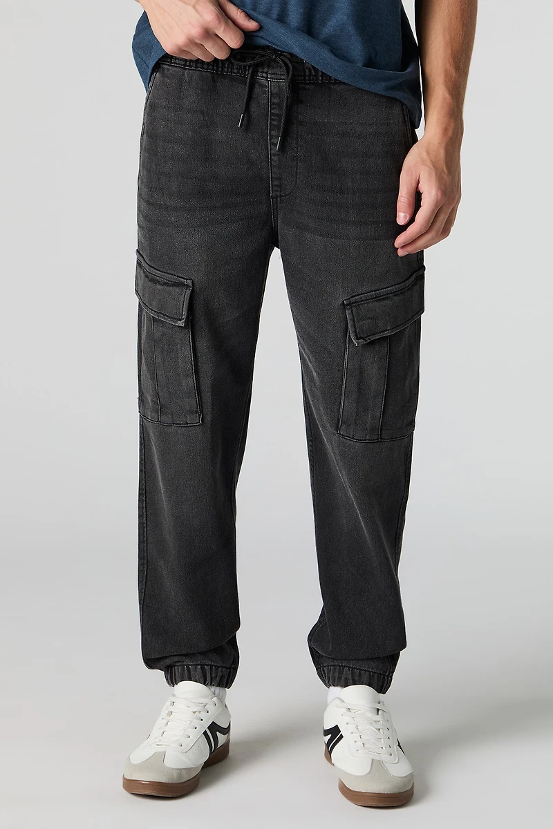 Jogger cargo en denim à taille coulissante