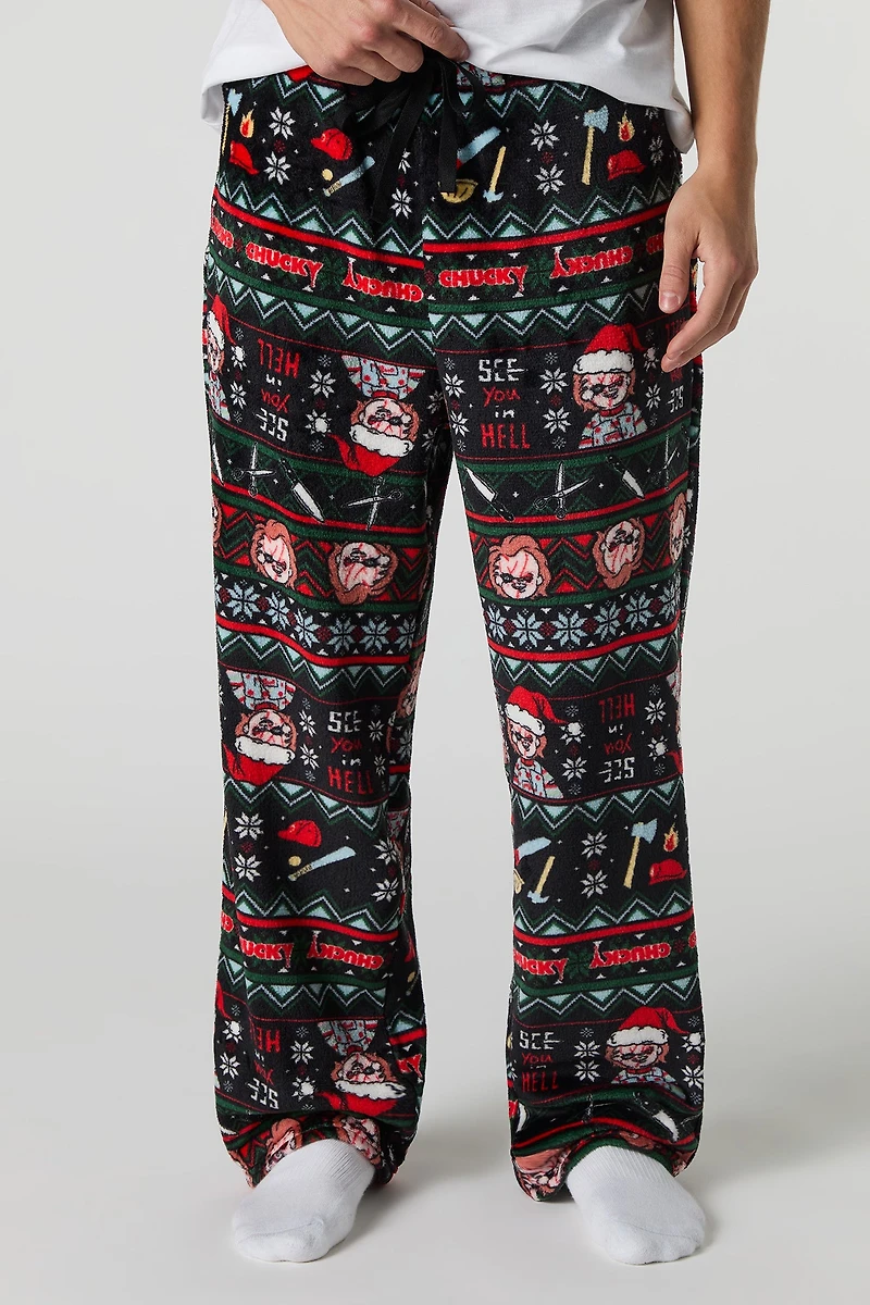 Cartoon Christmas Print Plush Pajama Pant
