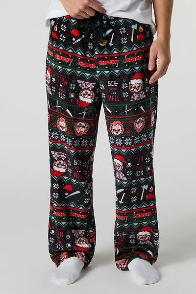 Cartoon Christmas Print Plush Pajama Pant