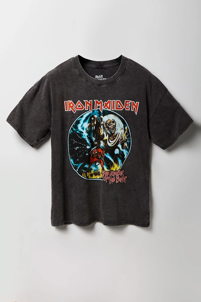 T-shirt délavé à imprimé Iron Maiden