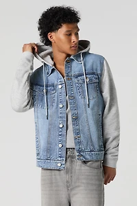Boxy Denim Fleece Hooded Trucker Jacket