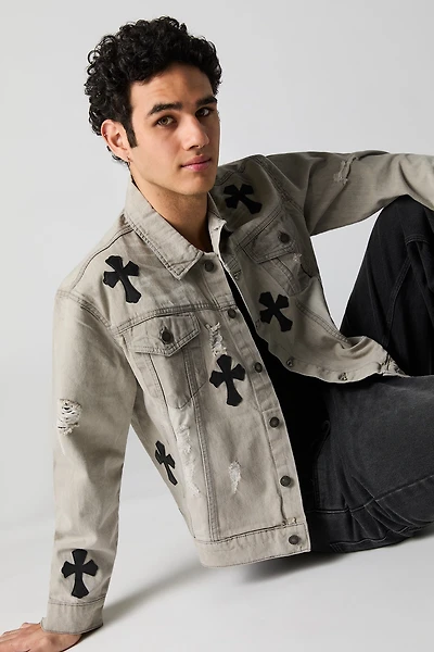 Distressed Denim Faux Leather Cross Trucker Jacket