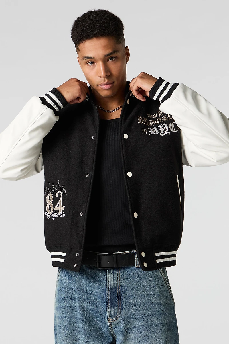 Faux Leather Sleeve Fleece Varsity Jacket