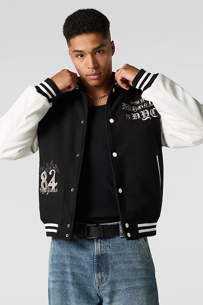 Faux Leather Sleeve Fleece Varsity Jacket
