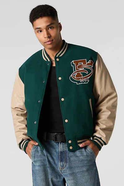 Faux Leather Sleeve Fleece Varsity Jacket