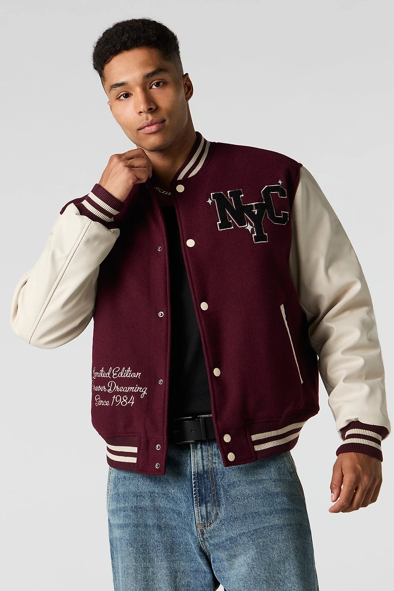 Faux Leather Sleeve Fleece Varsity Jacket