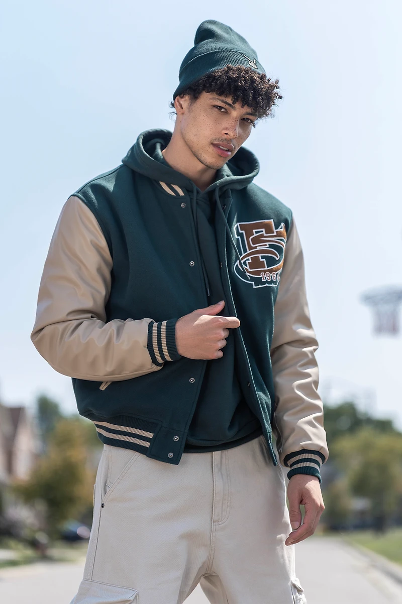 Faux Leather Sleeve Fleece Varsity Jacket