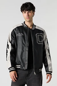 Faux-Leather Twill Embroidered Varsity Jacket