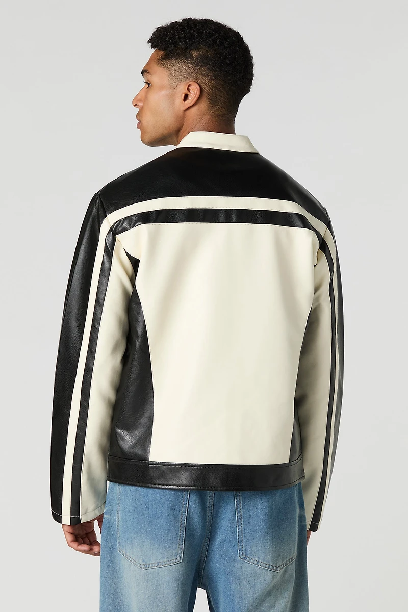 Blouson de style moto en similicuir avec blocs couleurs