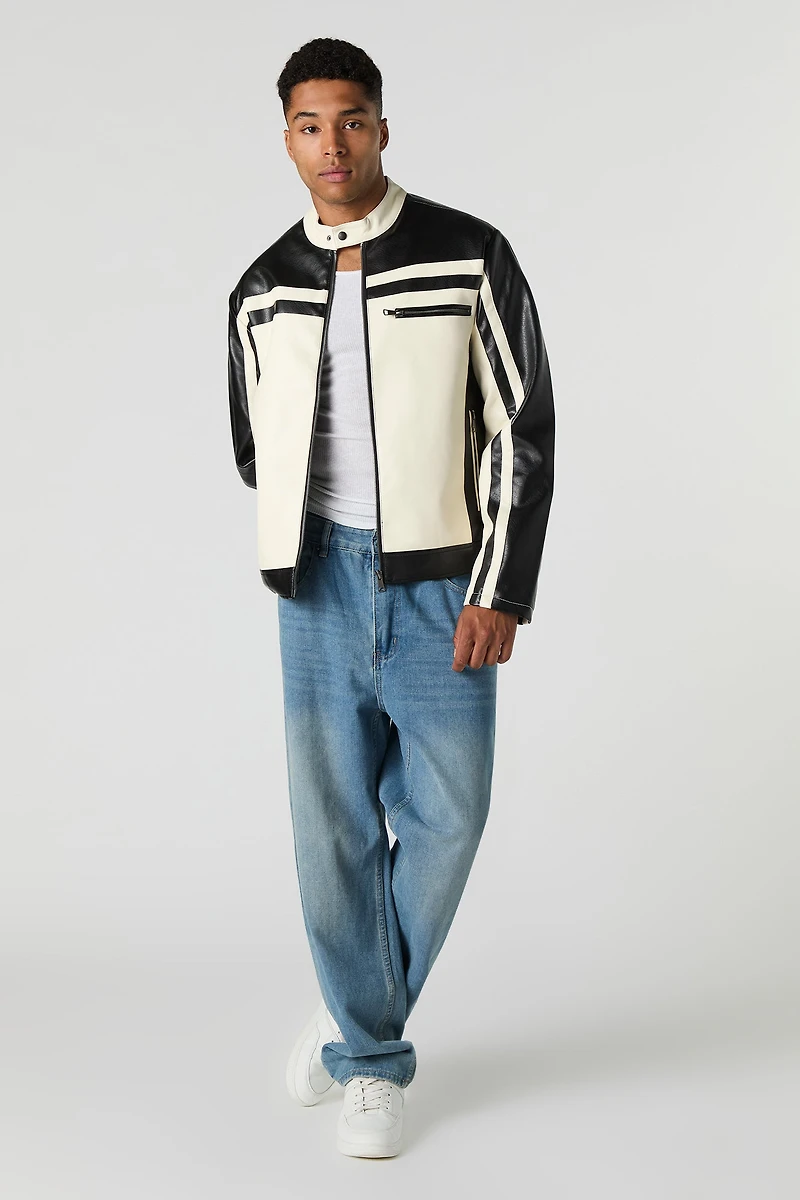 Blouson de style moto en similicuir avec blocs couleurs