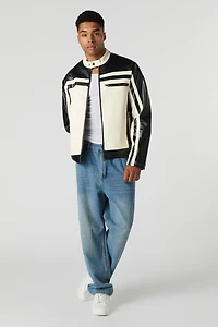 Blouson de style moto en similicuir avec blocs couleurs