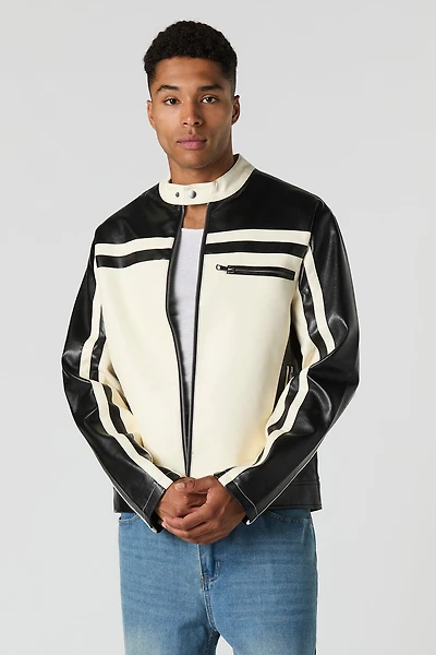 Faux Leather Colourblock Moto Jacket