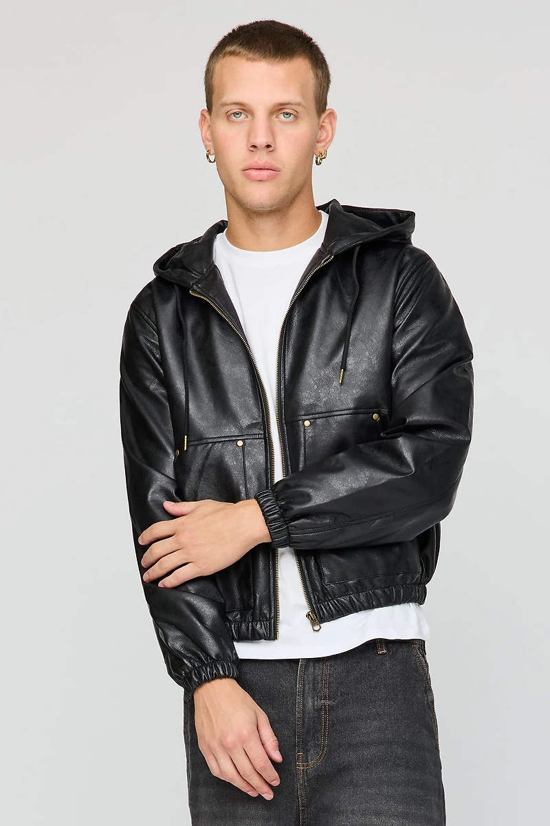 Blouson aviateur à capuchon en similicuir