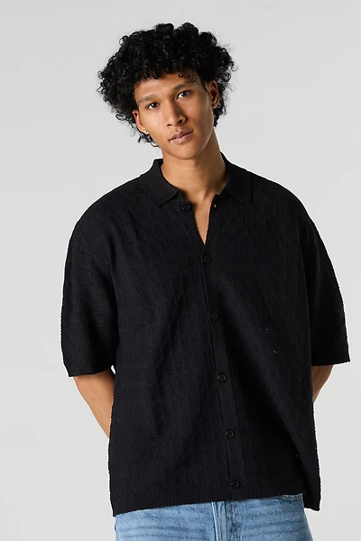 Textured Open Knit Button-Up Top
