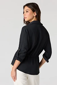 Drawstring Waist Button-Up Top