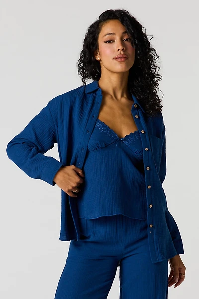Gauze Relaxed Button-Up Top