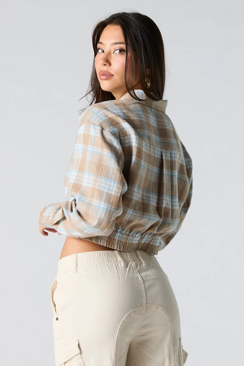 Plaid Button-Up Cropped Long Sleeve Top