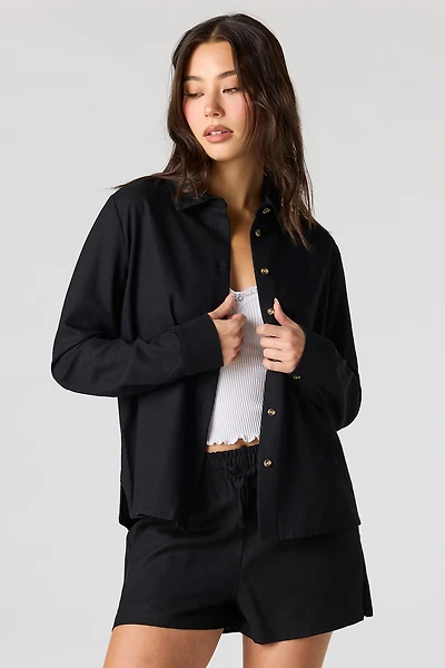 Linen-Blend Button-Up Collared Top