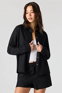 Linen-Blend Button-Up Collared Top