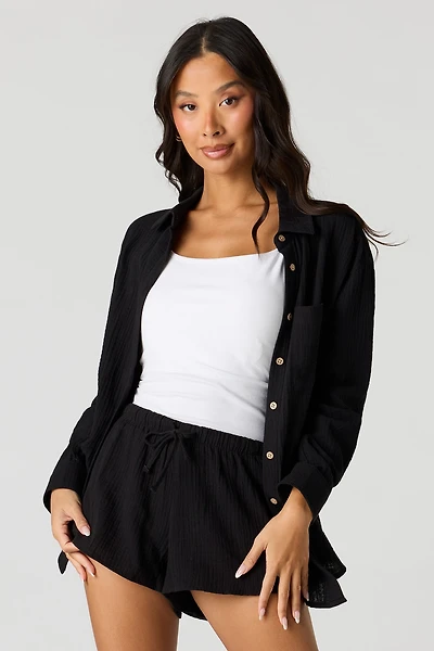 Crinkled Long Sleeve Button-Up Top
