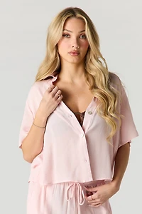 Crinkled Short Sleeve Button-Up Top