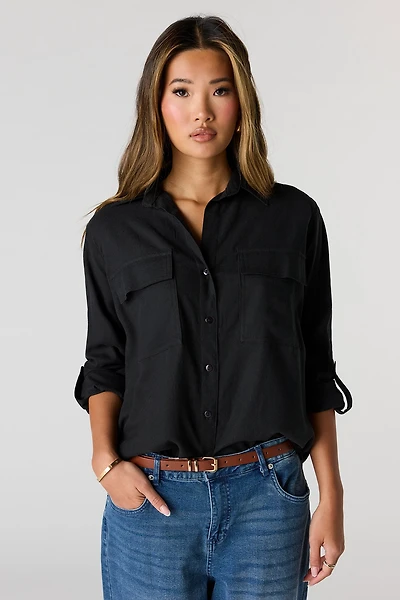 Linen-Blend Relaxed Button-Up Top