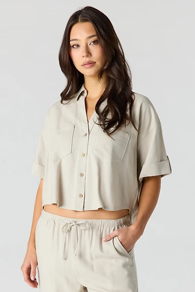 Linen-Blend Button-Up Collared Crop Top