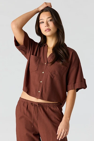 Linen-Blend Button-Up Collared Crop Top