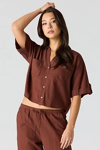 Linen-Blend Button-Up Collared Crop Top