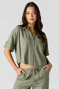 Linen-Blend Button-Up Collared Crop Top