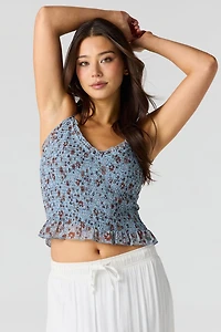 Floral Print Smocked Ruffled Trim Top