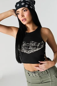 Ribbed Rhinestone Lace Up Graphic Tank