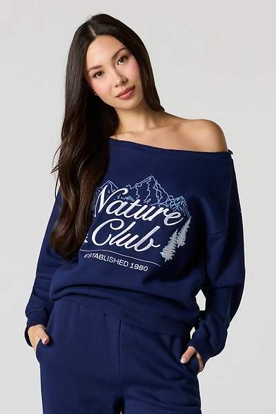 Nature Embroidered Off Shoulder Fleece Sweatshirt