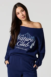 Nature Embroidered Off Shoulder Fleece Sweatshirt