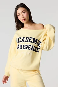 Academie Chenille Embroidered Off Shoulder Fleece Sweatshirt