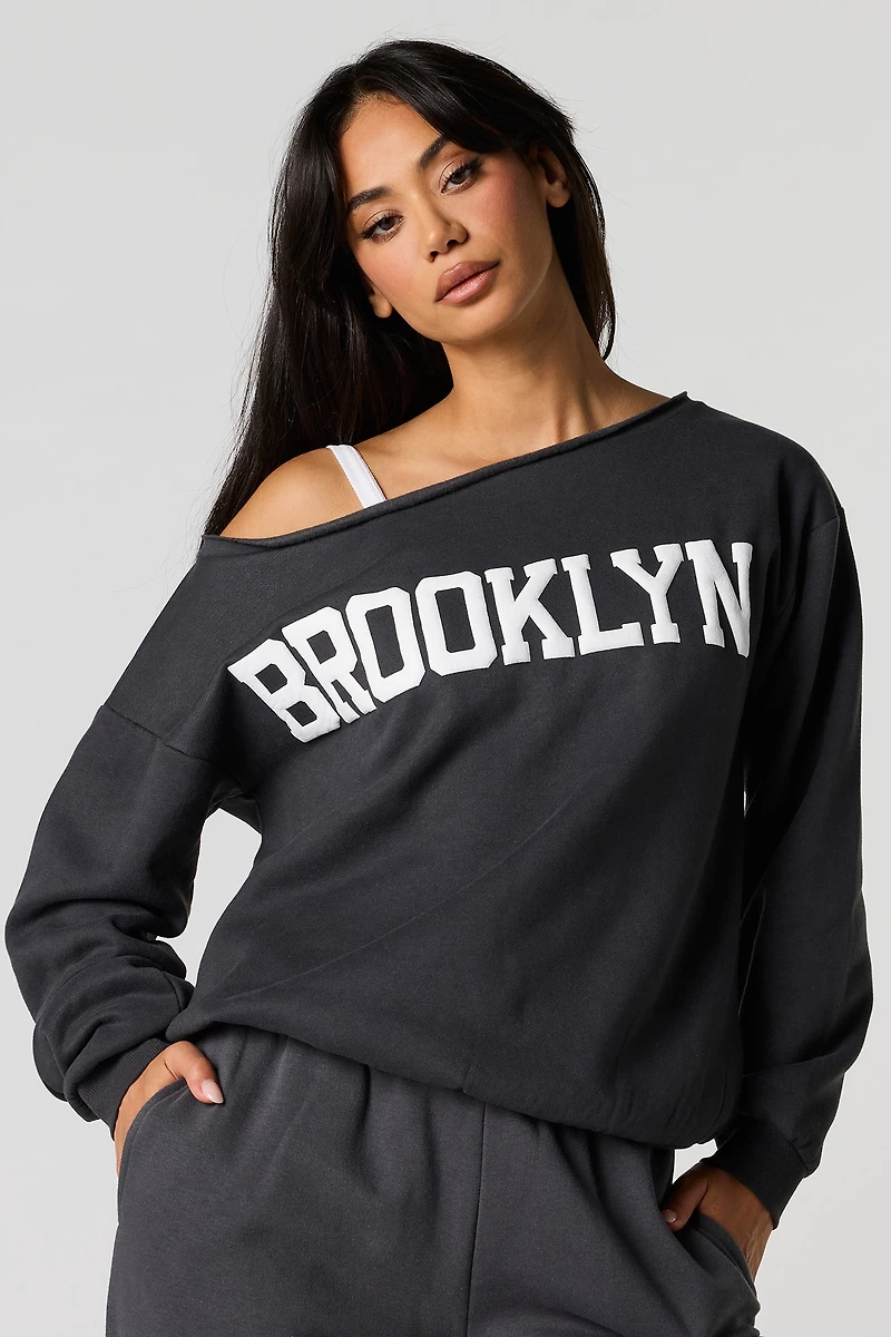 Destination Puff Print Off Shoulder Fleece Sweatshirt