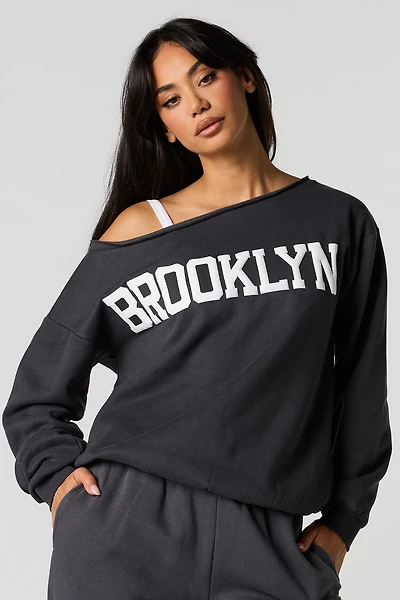 Destination Puff Print Off Shoulder Fleece Sweatshirt