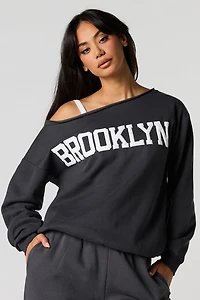 Destination Puff Print Off Shoulder Fleece Sweatshirt