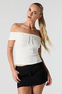 Ribbed Off Shoulder Tie Front Top
