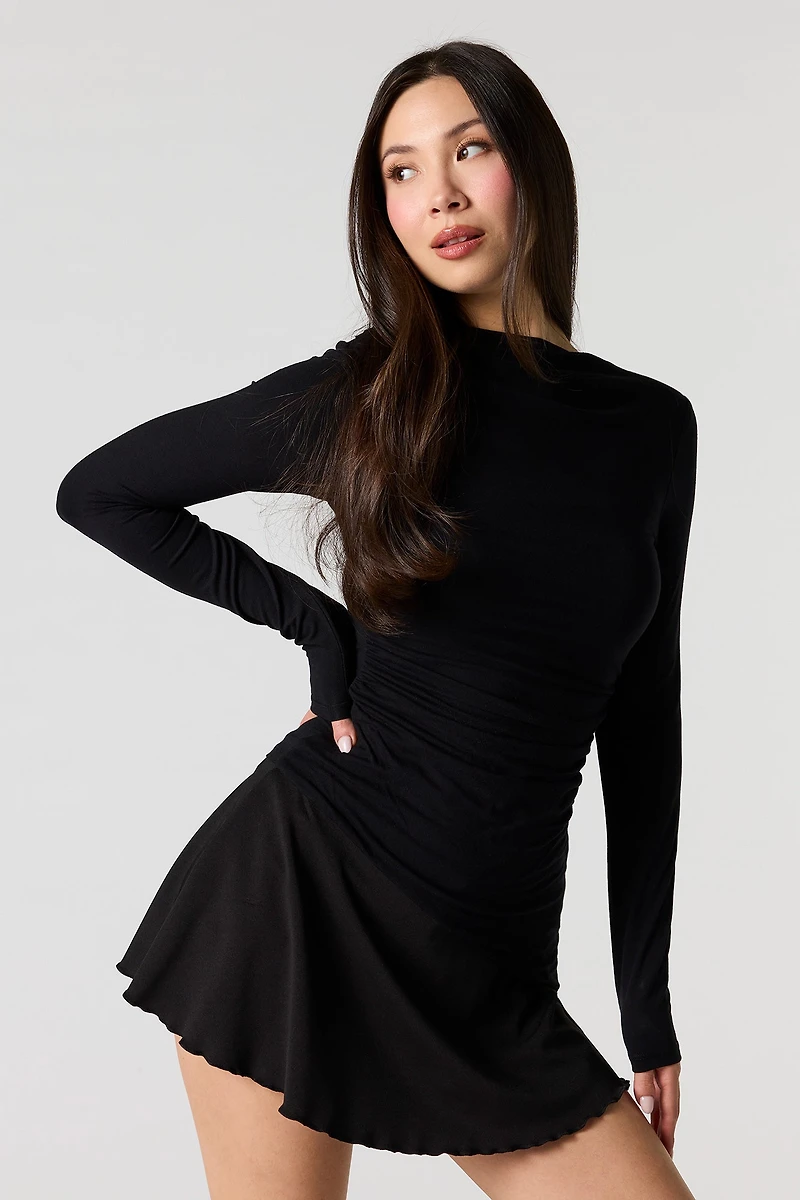 Asymmetrical Ruched Boat Neck Long Sleeve Top